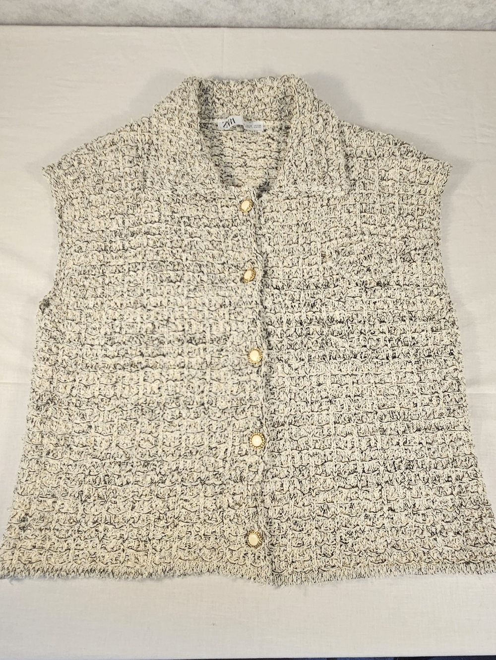 Zara Cream Bouclé Textured Button Vest with Gold Buttons